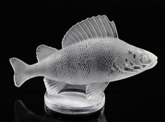 Perche Poisson/Perch. A glass mascot by René Lalique, introduced on 20/4/1929, No.1158 height 10cm.